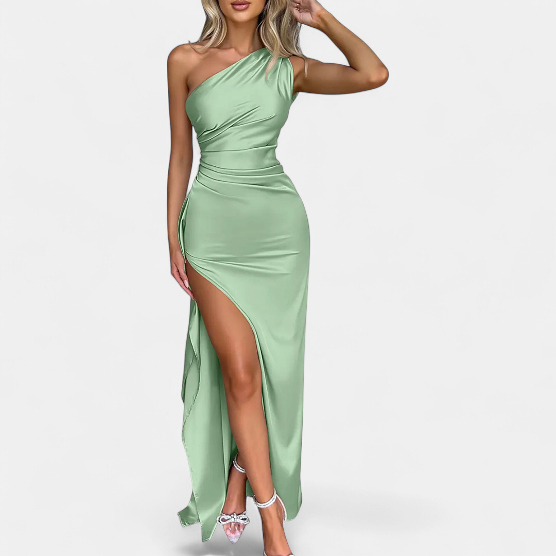 zelda green dress ZELDA™ – One-Shoulder Ruched Satin Girl Dress:12-18 months HOTDROP 59” Hem Circumference S Burgundy Wedding Dresses Satin
