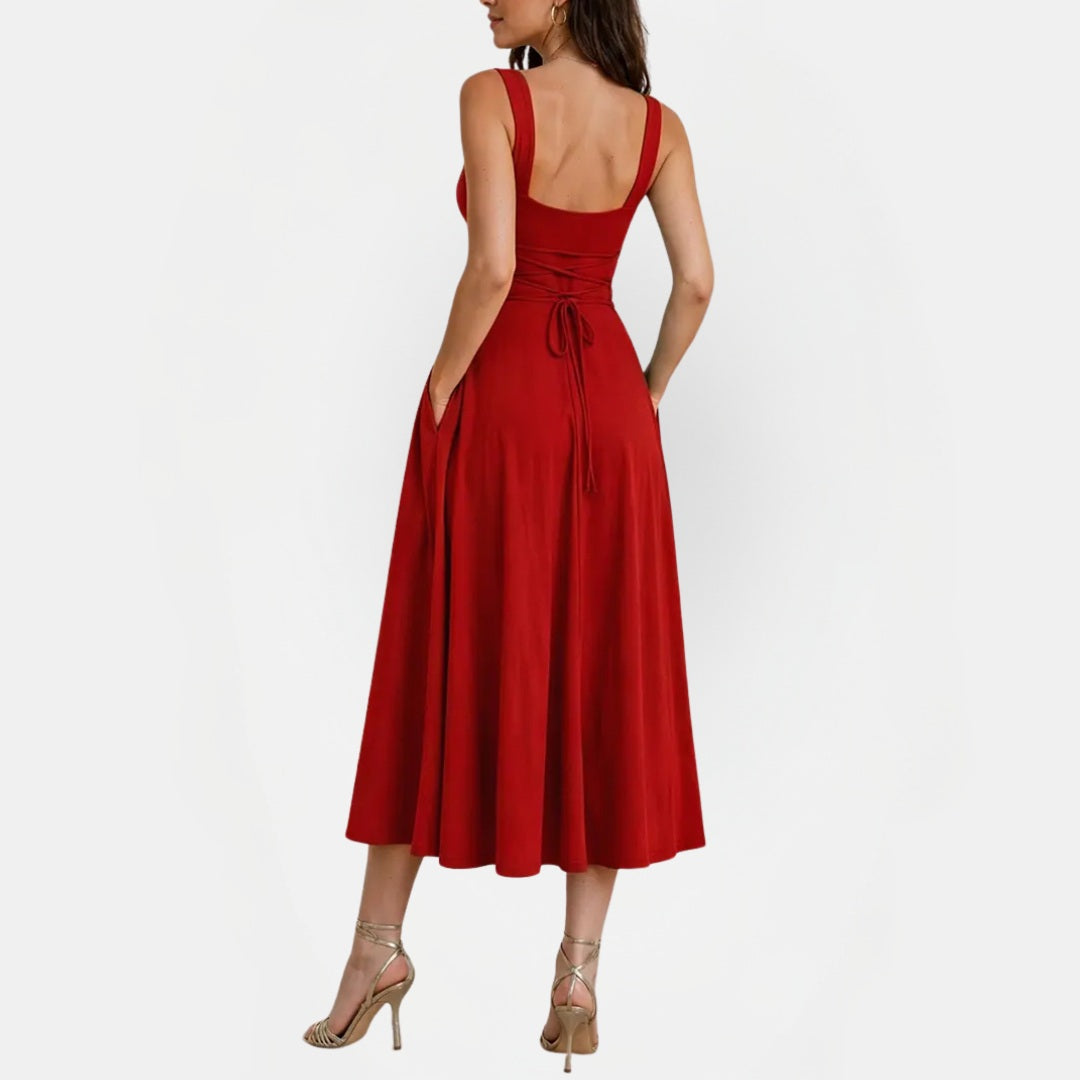 Women's Square Neck Ruched Waist A Line Midi Dress with Pockets