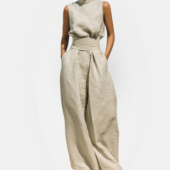 Women's Pleated Linen Wide Leg Pants Set