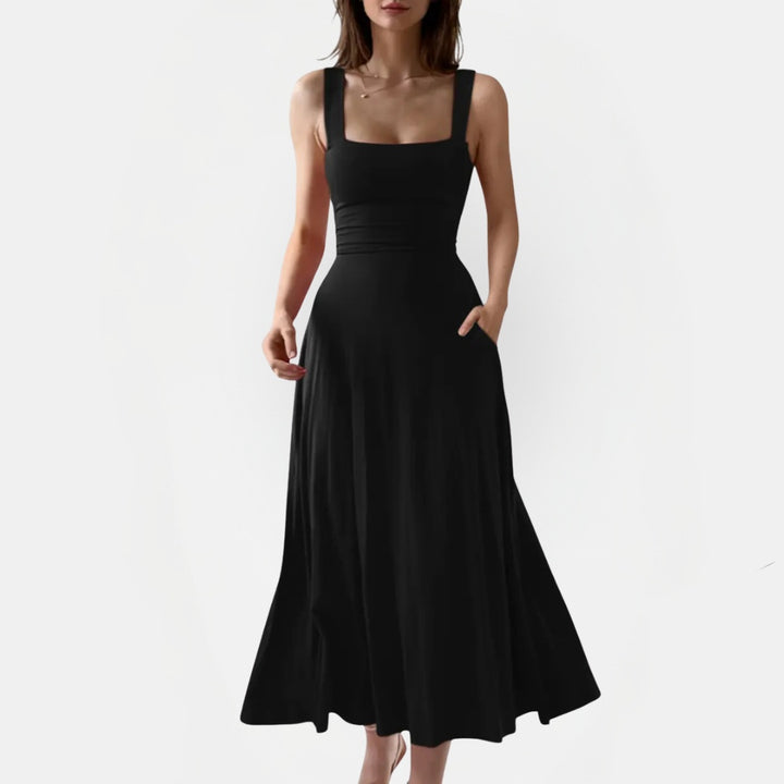 Women's Square Neck Ruched Waist A Line Midi Dress with Pockets