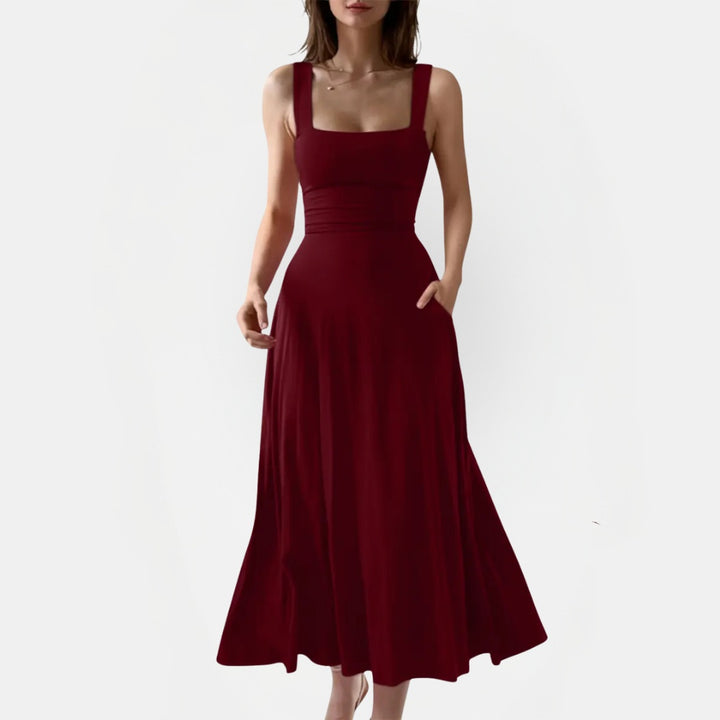 Women's Square Neck Ruched Waist A Line Midi Dress with Pockets