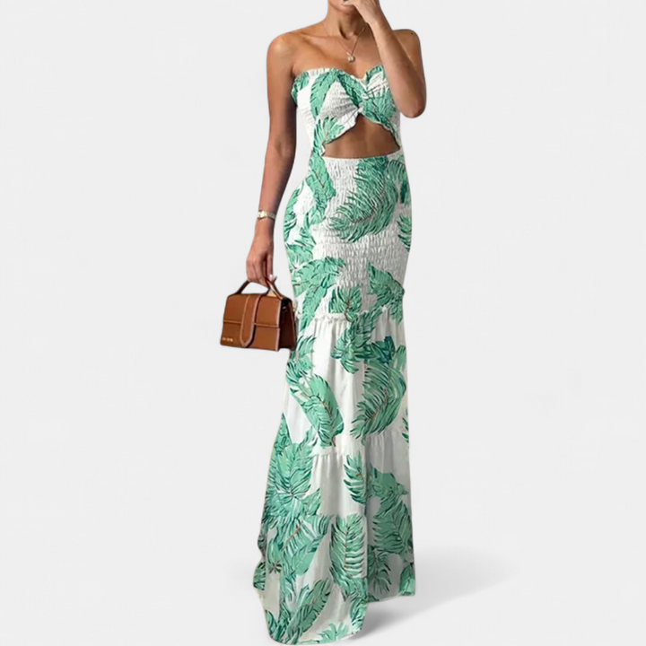 SOLÈNE | Tropical Print Smocked Mermaid Maxi Dress