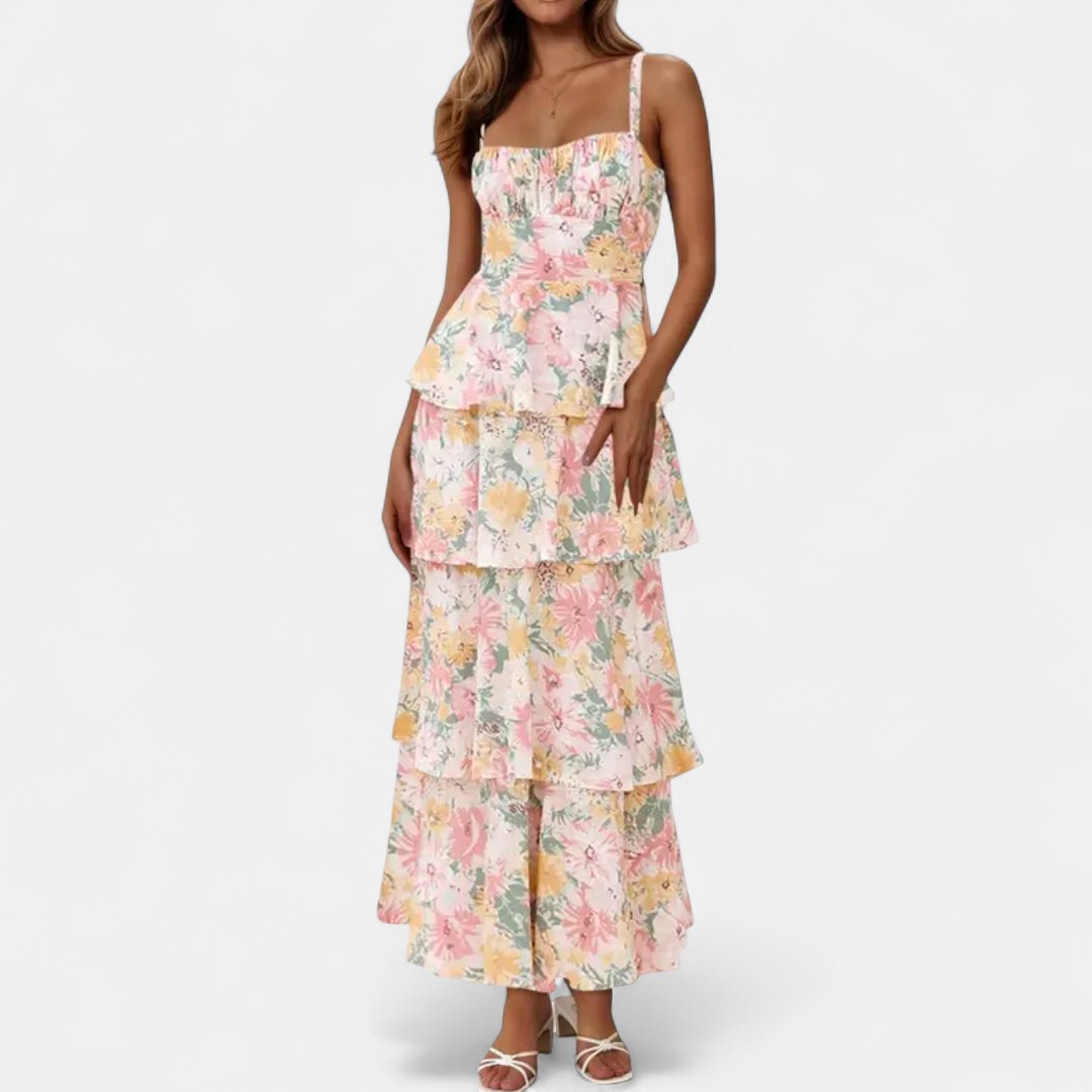 ISOLDE | Floral Spaghetti Strap Tiered Maxi Dress