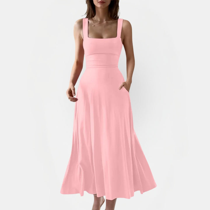 Women's Square Neck Ruched Waist A Line Midi Dress with Pockets
