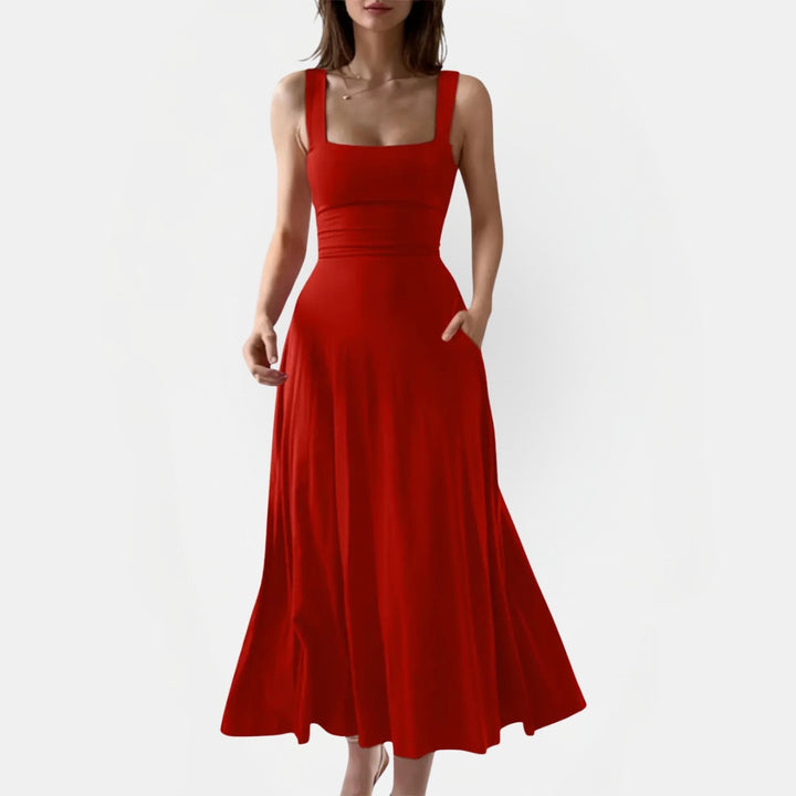 Women's Square Neck Ruched Waist A Line Midi Dress with Pockets