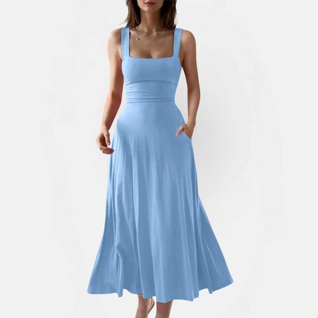 Women's Square Neck Ruched Waist A Line Midi Dress with Pockets
