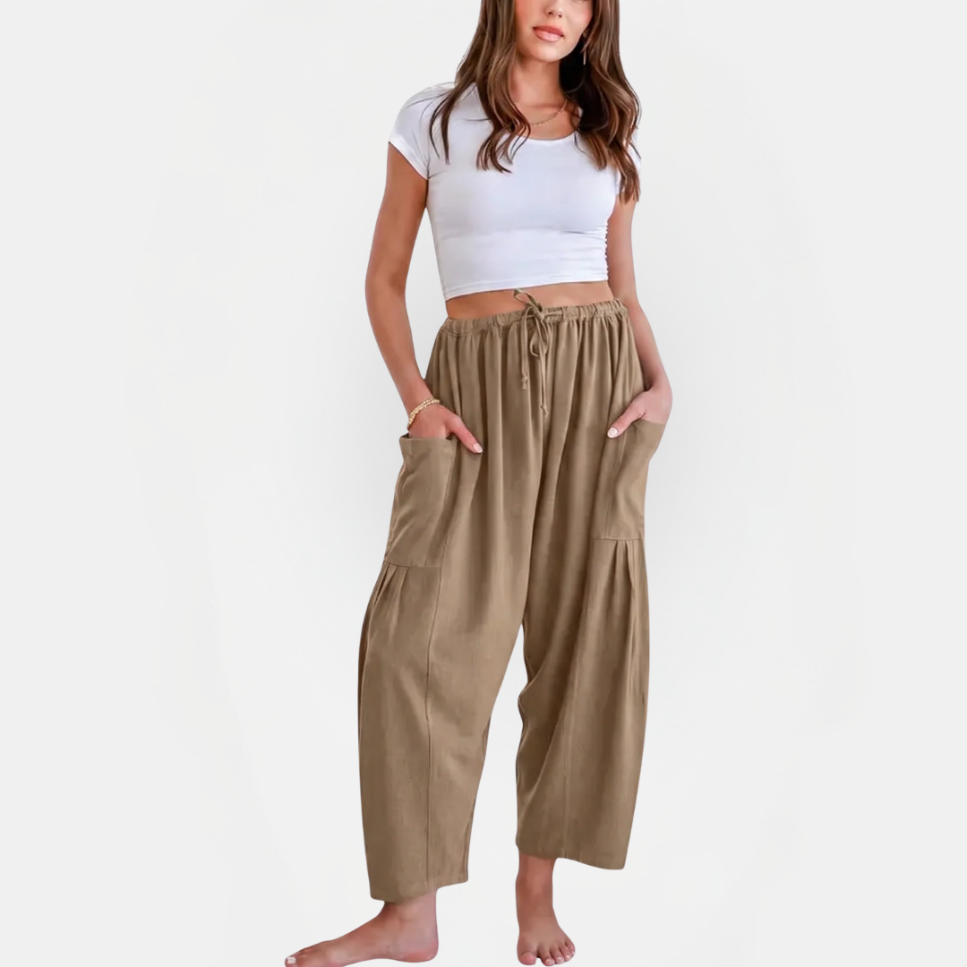 Women's Linen Pants Wide Leg Drawstring Waist Beach Palazzo Pants with Pockets