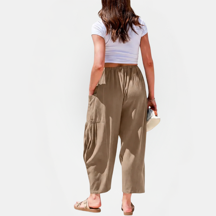 Women's Linen Pants Wide Leg Drawstring Waist Beach Palazzo Pants with Pockets