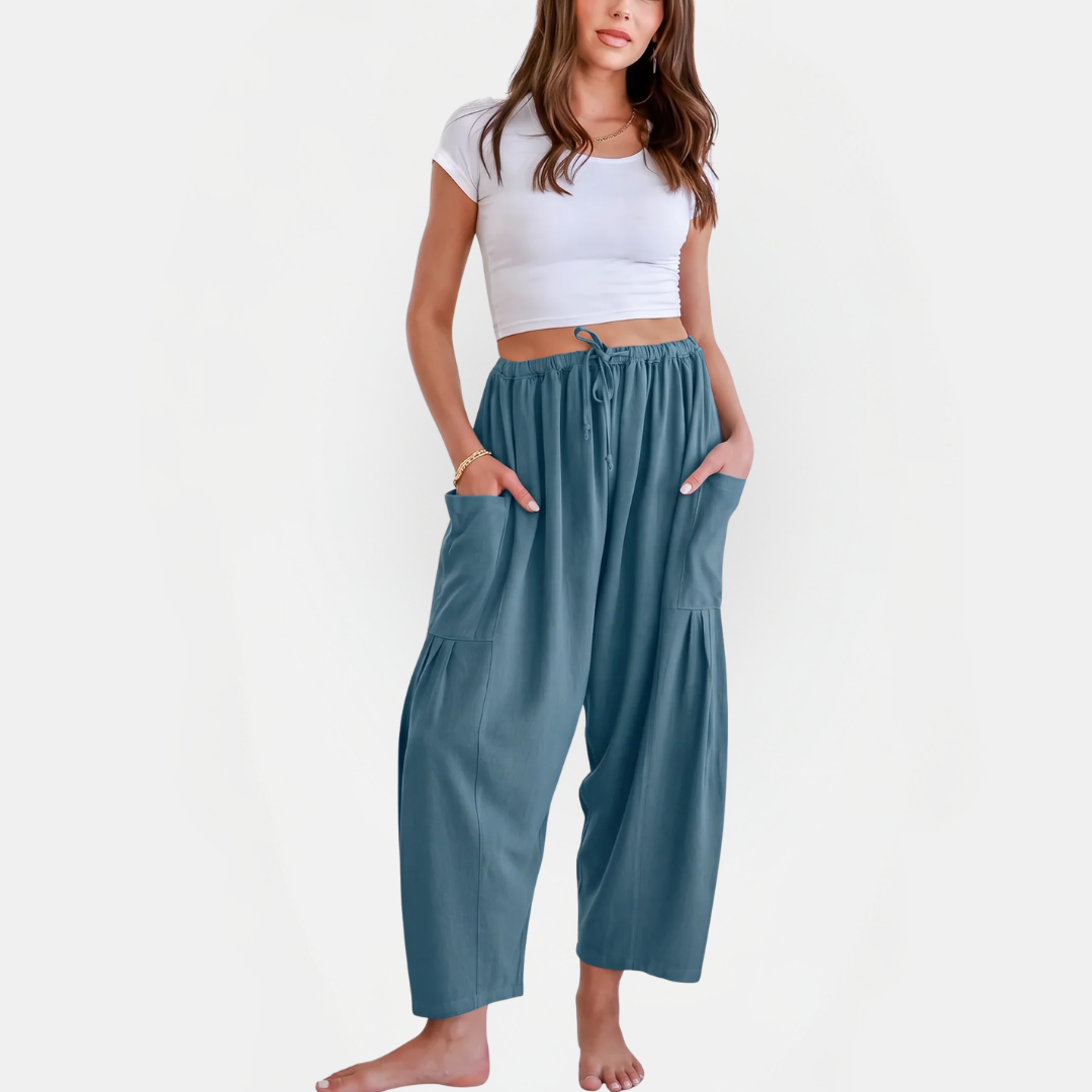 Women's Linen Pants Wide Leg Drawstring Waist Beach Palazzo Pants with Pockets