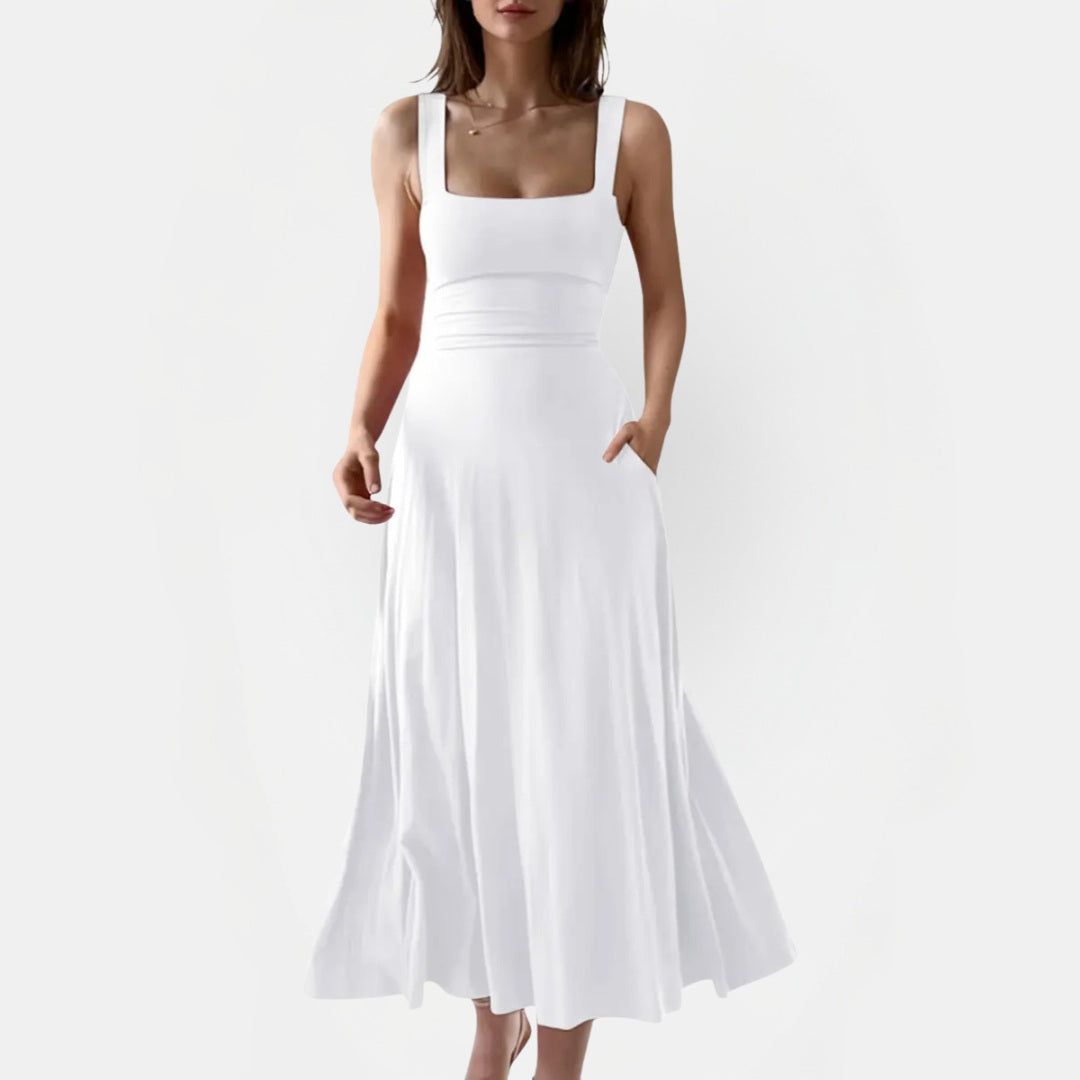 Women's Square Neck Ruched Waist A Line Midi Dress with Pockets