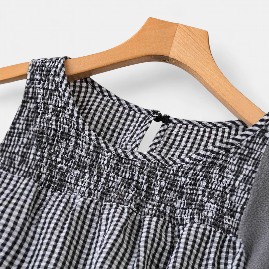 KRISTEL | Vintage Flowy Checkered Puff Sleeve Blouse